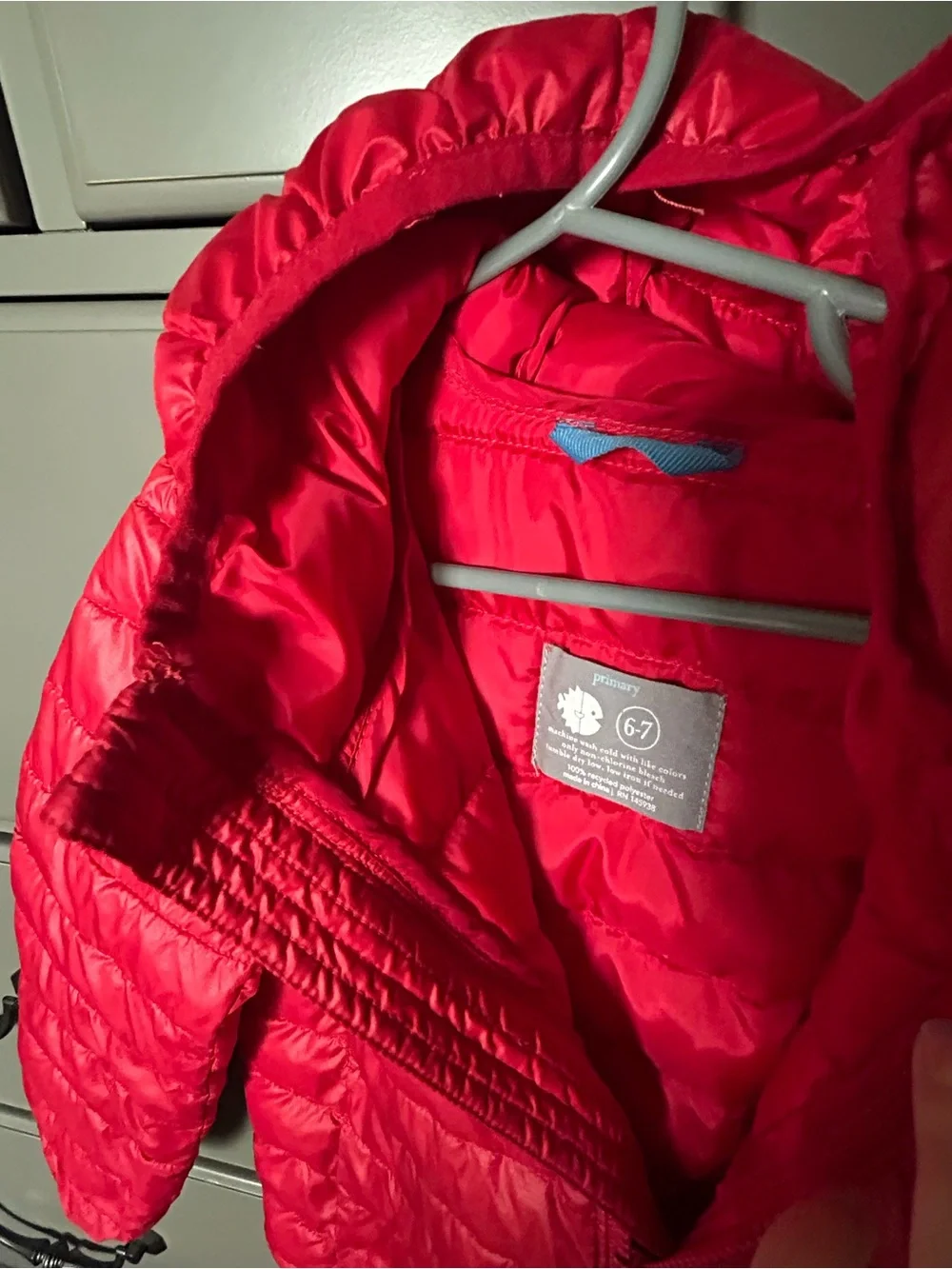 Primary Kids Lightweight Red Puffer Jacket with Hood